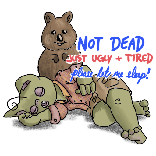 a sleepy australian goblin with a quokka, and their catchprhase captioned on.
