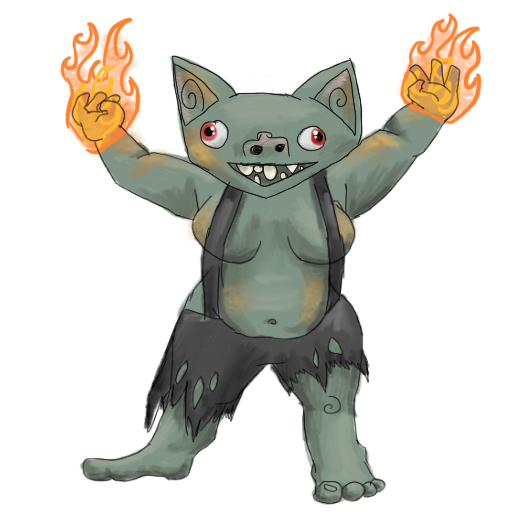 a goblin smiling maniacally and holding up fire in her bare fists.