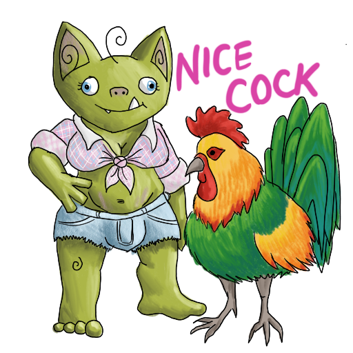 a rooster and a goblin, with her catchphrase captioned on.