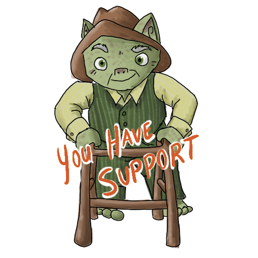 an old man goblin with a walker and his catchphrase captioned on.