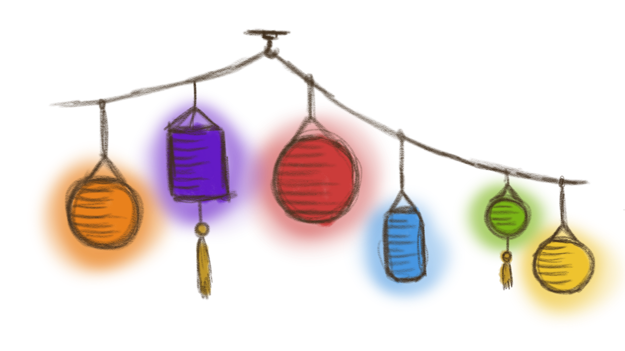 a string of colorful paper lanterns, used as a page divider.