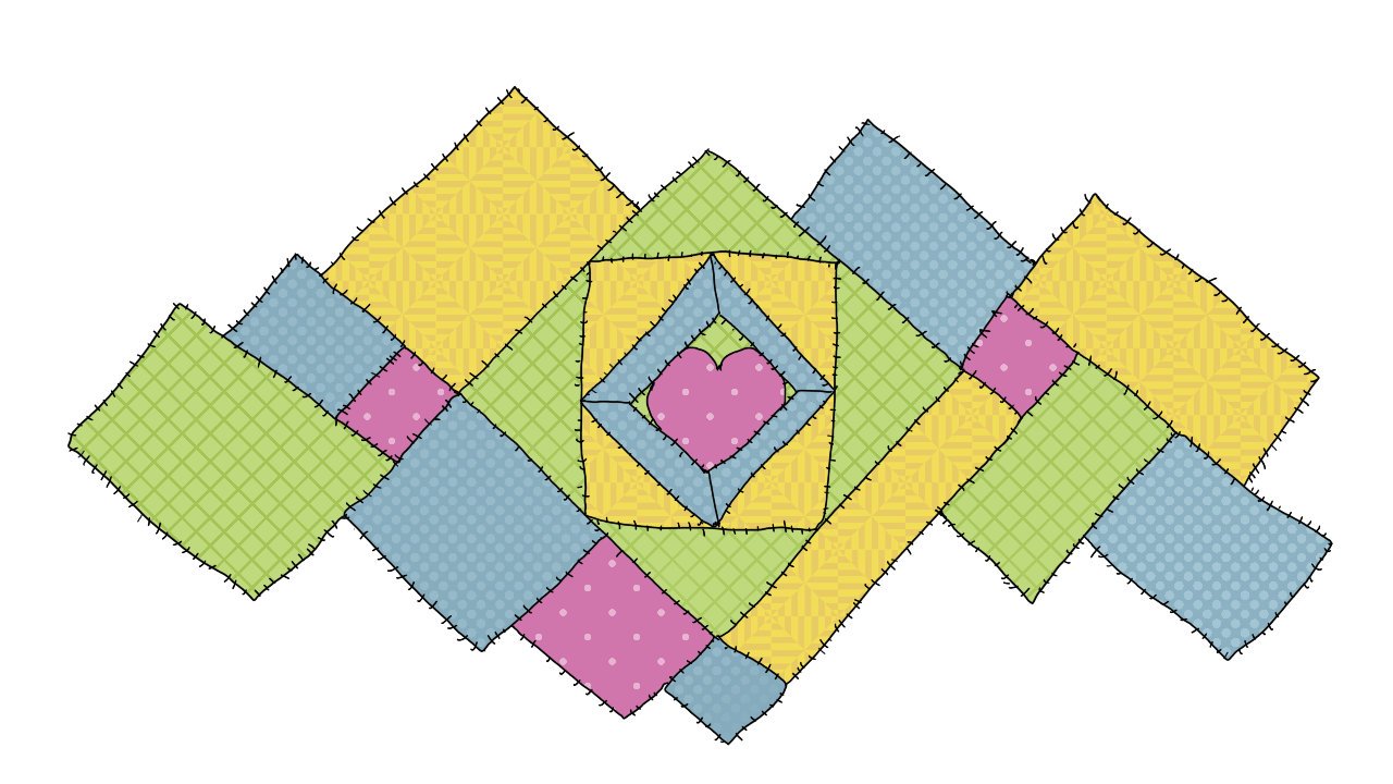 several patches of a cheery crazy quilt, mostly rectangles with a heart in the center, used as a page divider.
