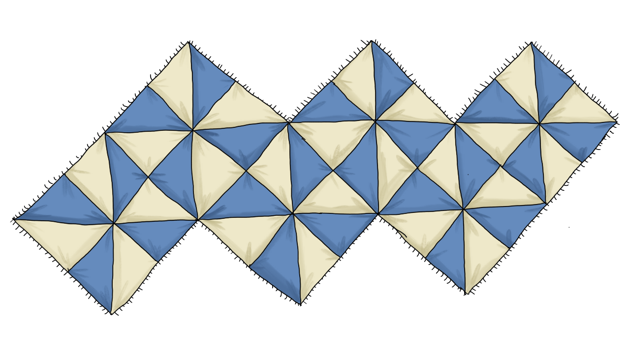 several patches of a blue and white triangle pattern granny square quilt, used as a page divider.