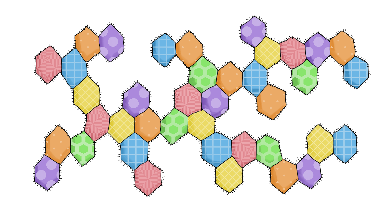 several patches of a bright and colorful hexagon puff quilt, used as a page divider.