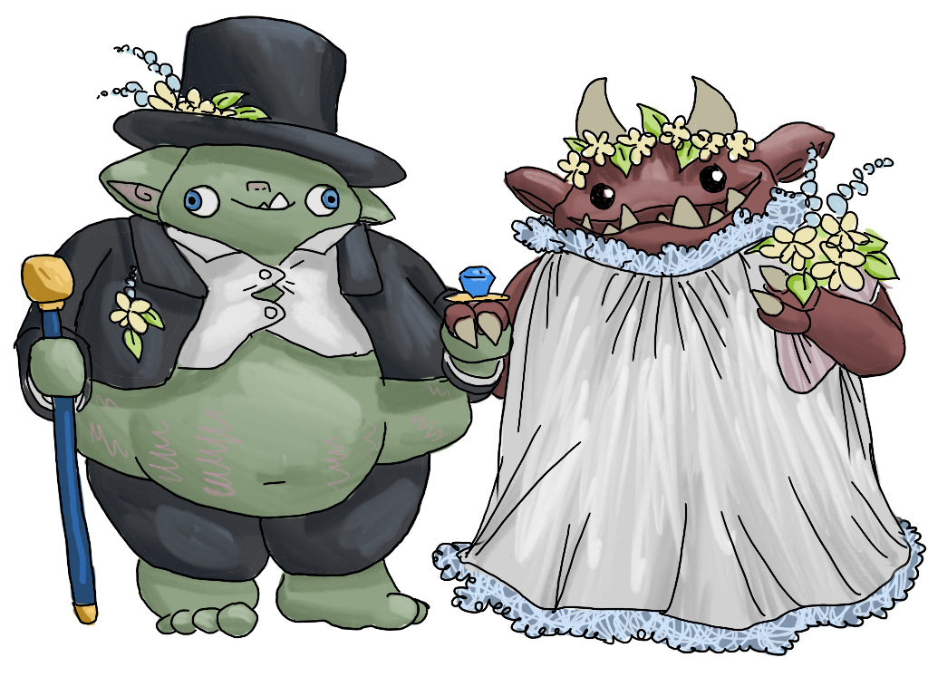 Ball and Meat, at the altar. Ball has been mostly fitted with a jacket and a top hat, and is standing on the left. Meatball is on the right with a wide smile, a lace-edged gown, flower crown, and bouquet.