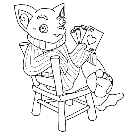 line art of an old goblin with a striped sweater and a loaded hand of cards