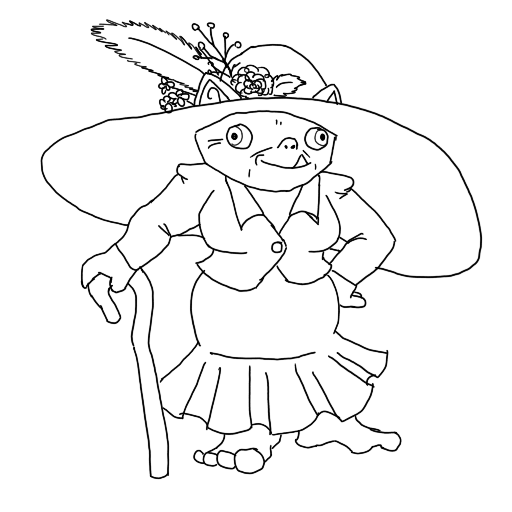 line art of an old lady goblin with a cane and an incredible hat