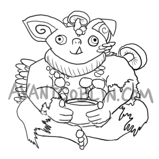 line art of a smiling goblin, growing mushrooms and holding a bowl of soup