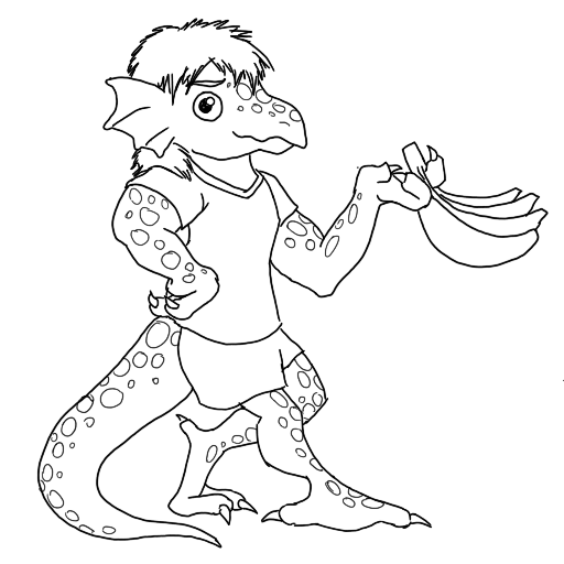 line art of a smiling kobold with bananas