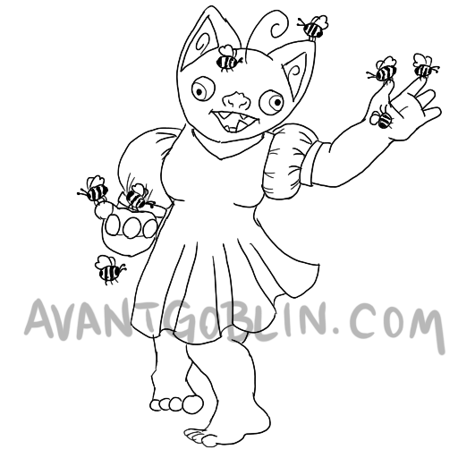 line art of a goblin in a dress with hands full of bees