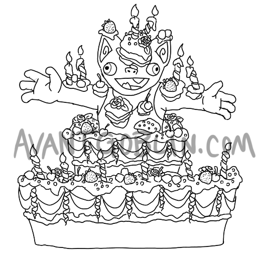 line art of a goblin popping out of a cake