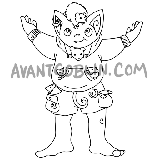 line art of a goblin wearing a hoodie full of possums