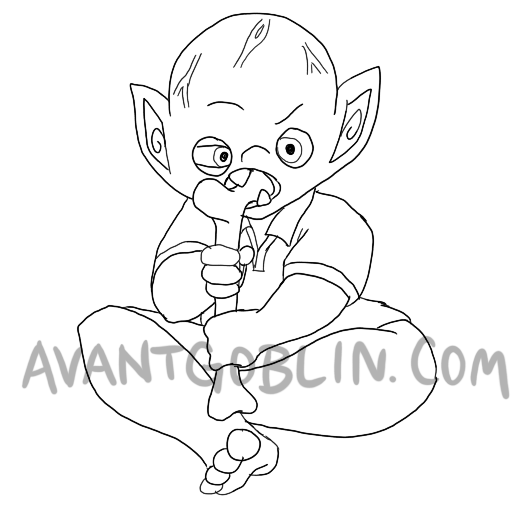 line art of a goblin with a large head, chewing on a bone