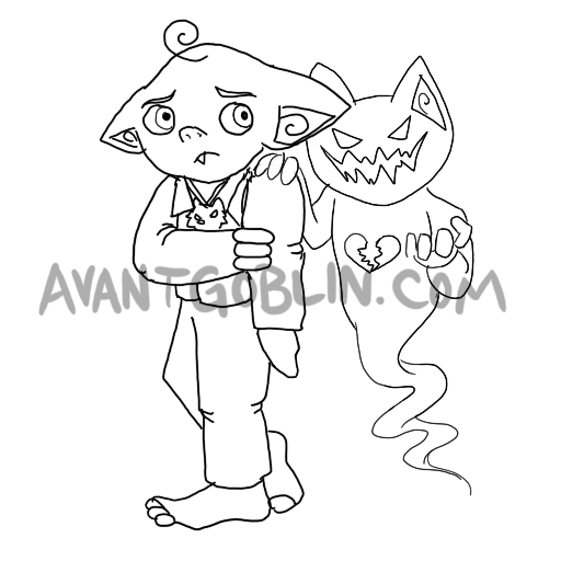 line art of a nervous goblin with a broken-hearted ghost