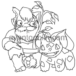 line art of an older goblin with a beard gently petting a Bulbasaur