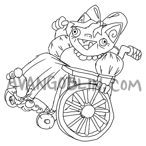 line art of a goblin in a wheelchair, having an amazing time