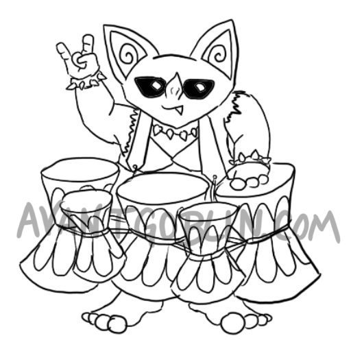 line art of a goblin wearing cool shades and a set of bongos