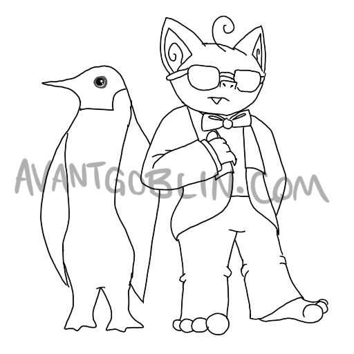 line art of a goblin and a penguin, hanging out and being cool