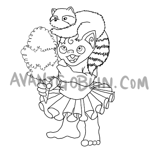 line art of a goblin and a raccoon sharing cotton candy