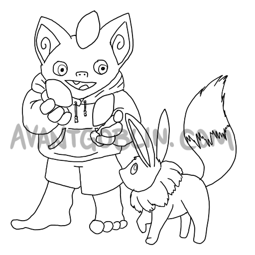 line art of a goblin juggling stones, and an eevee watching