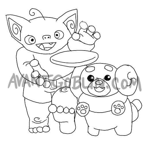 line art of a goblin and a fidough chasing a frisbee