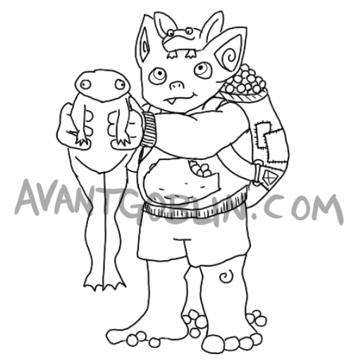 line art of a goblin, holding two frogs and a bag of berries