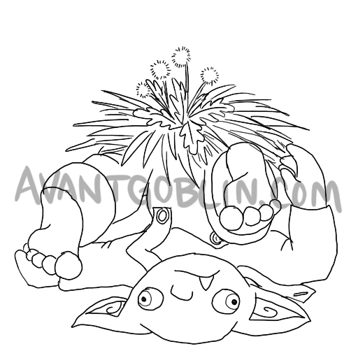 line art of a goblin, upside-down, with grass and weeds on top