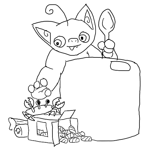 line art of a goblin sitting in a large pot, reaching for a stack of ingredients nearby