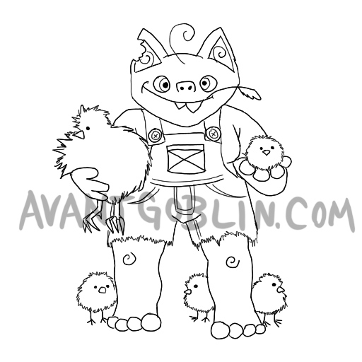 line art of a derpy goblin with a chicken and several chicks