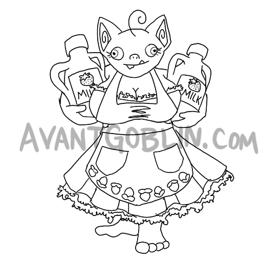 line art of A goblin with two jugs of strawberry milk with an apron and a dress