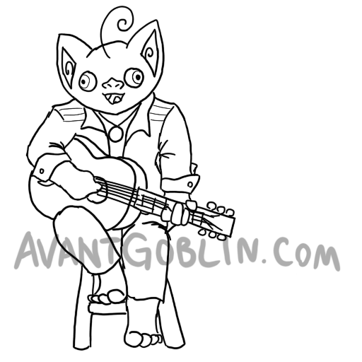 line art of a goblin with a guitar, chilling and strumming