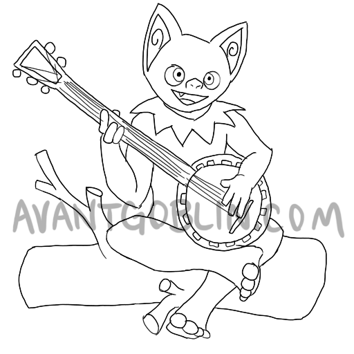 line art of a goblin on a log, playing the banjo left-handed