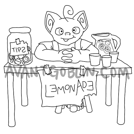 line art of a goblin running a lemonade stand