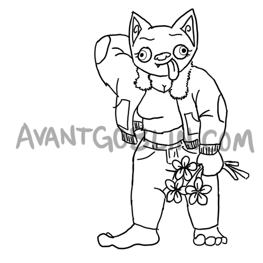 line art of a goblin holding a bouquet, sporting a stupid but happy expression