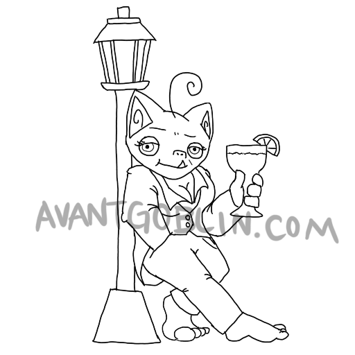 line art of a goblin with a margarita, leaning on a lamp post