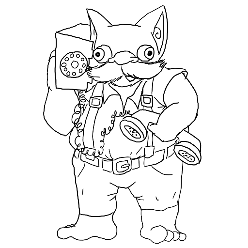 line art of a goblin with a large mustache, holding a rotary phone with the brick to his ear and the handset under his arm