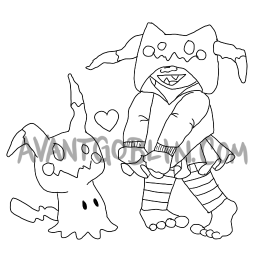 line art of a goblin and a mimikyu dressed alike