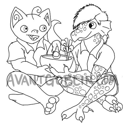 line art of a goblin and a kobold, sharing soup