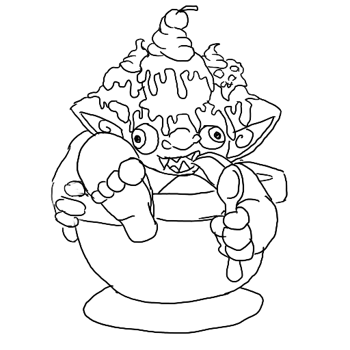 line art of a goblin covered in ice cream and sitting in a large dish