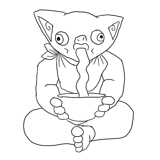 line art of a goblin slurping noodles from a bowl