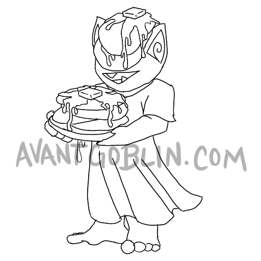 line art of a goblin holding a big stack of pancakes