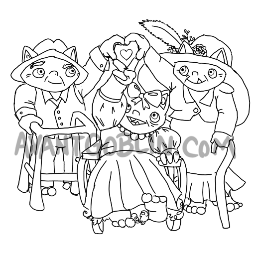 line art of three goblins with mobility aids making a heart with all their hands