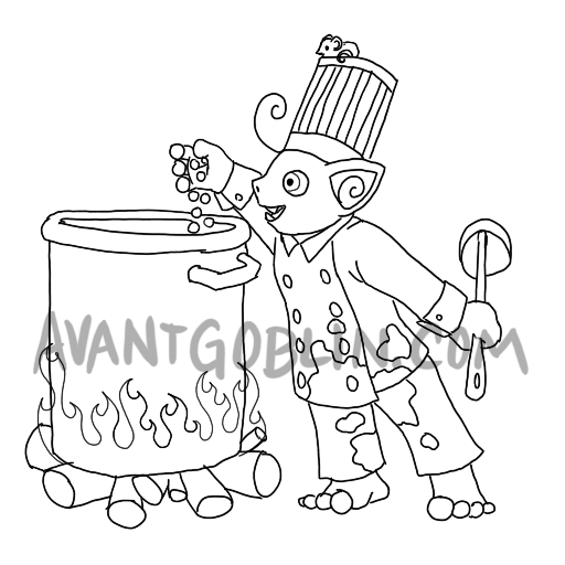 line art of a chef goblin dropping peas into a pot