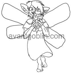 line art of a pixie wearing a dress and smiling out from around a large ice cream cone