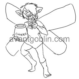 line art of a pixie in a tunic and leggings, stuffing cookies into their mouth from a jar