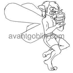 line art of a pixie in only shorts, about to stuff a slice of cake down his face