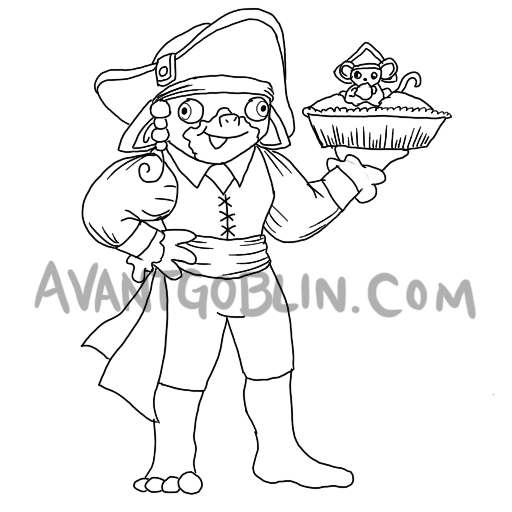 line art of a pirate goblin, holding a pie with a rat in it