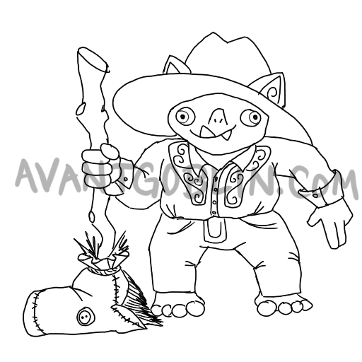 line art of a cowboy goblin with a stick pony