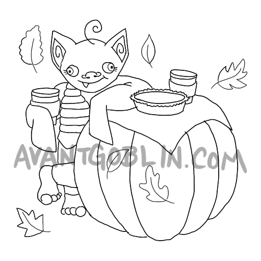 line art of a goblin holding a latte, leaning on a pumpkin