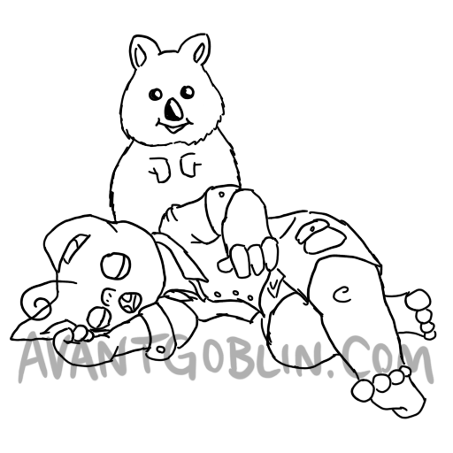 line art of a sleepy australian goblin with a quokka